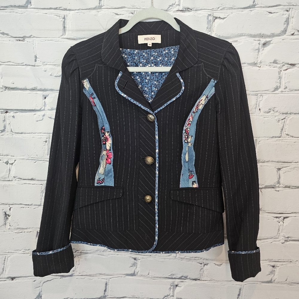 Kenzo Black Pinstripe Blazer with Floral Accents
